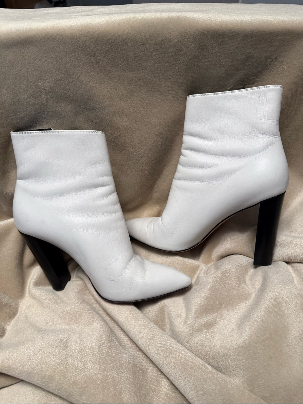 PAIGE White Leather “Katie” Pointed Ankle Zip Booties with Ring Pull - Picture 2 of 12